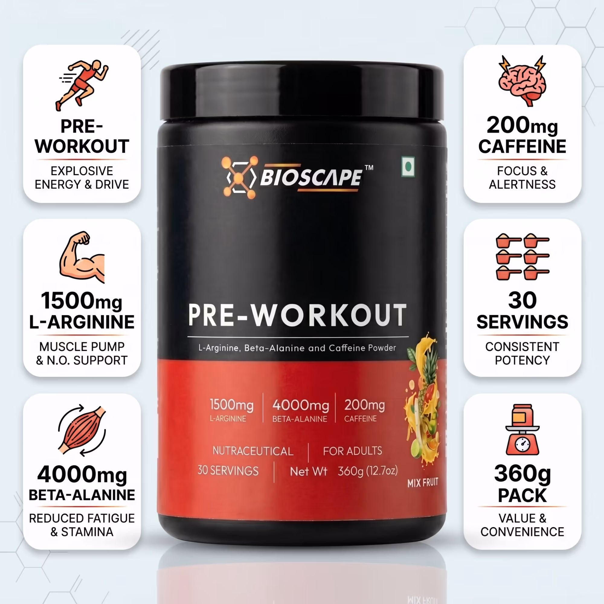 BIOSCAPE Pre-Workout Mix Fruit 360g – Beta-Alanine, L-Arginine & Caffeine