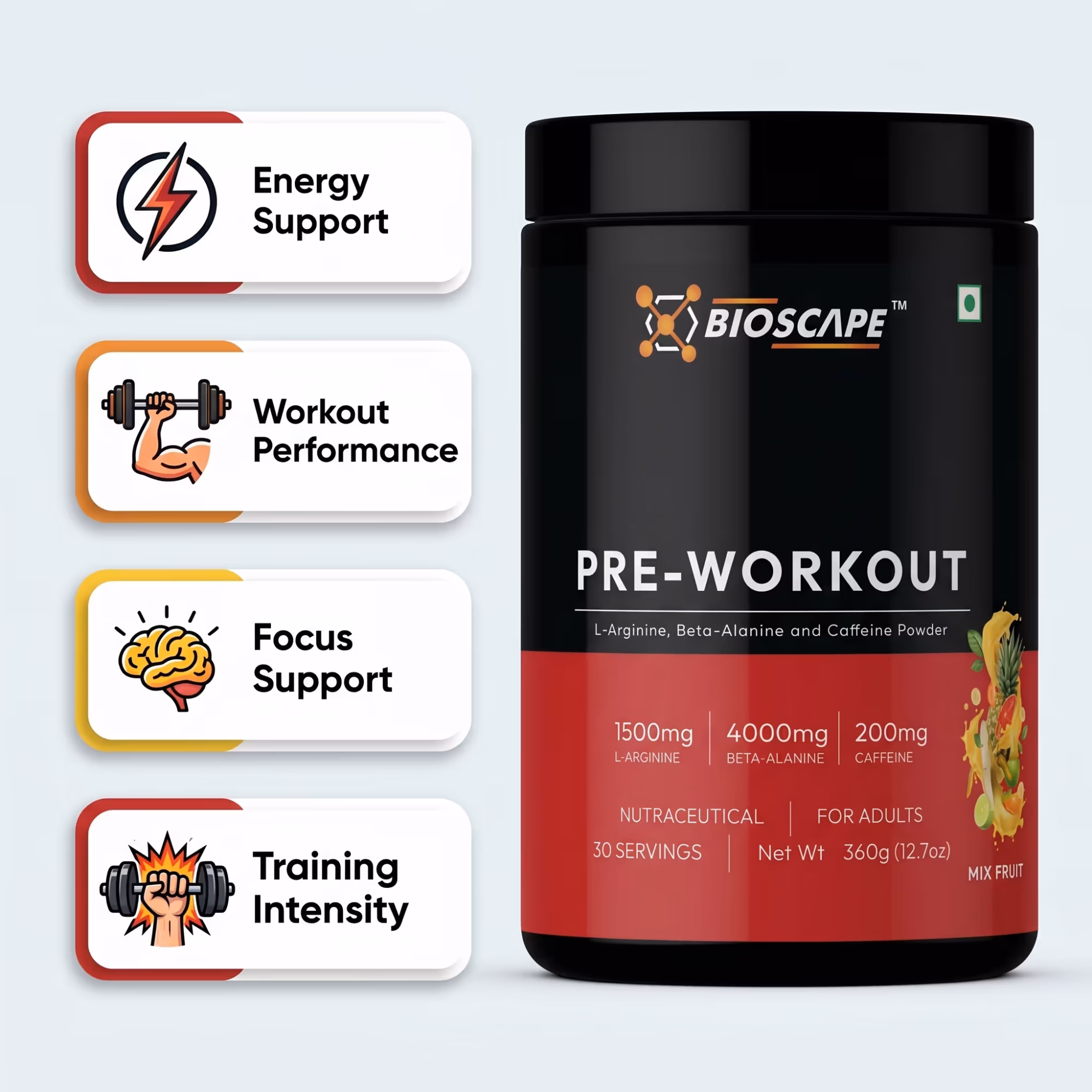 BIOSCAPE Pre-Workout Mix Fruit 360g – Beta-Alanine, L-Arginine & Caffeine