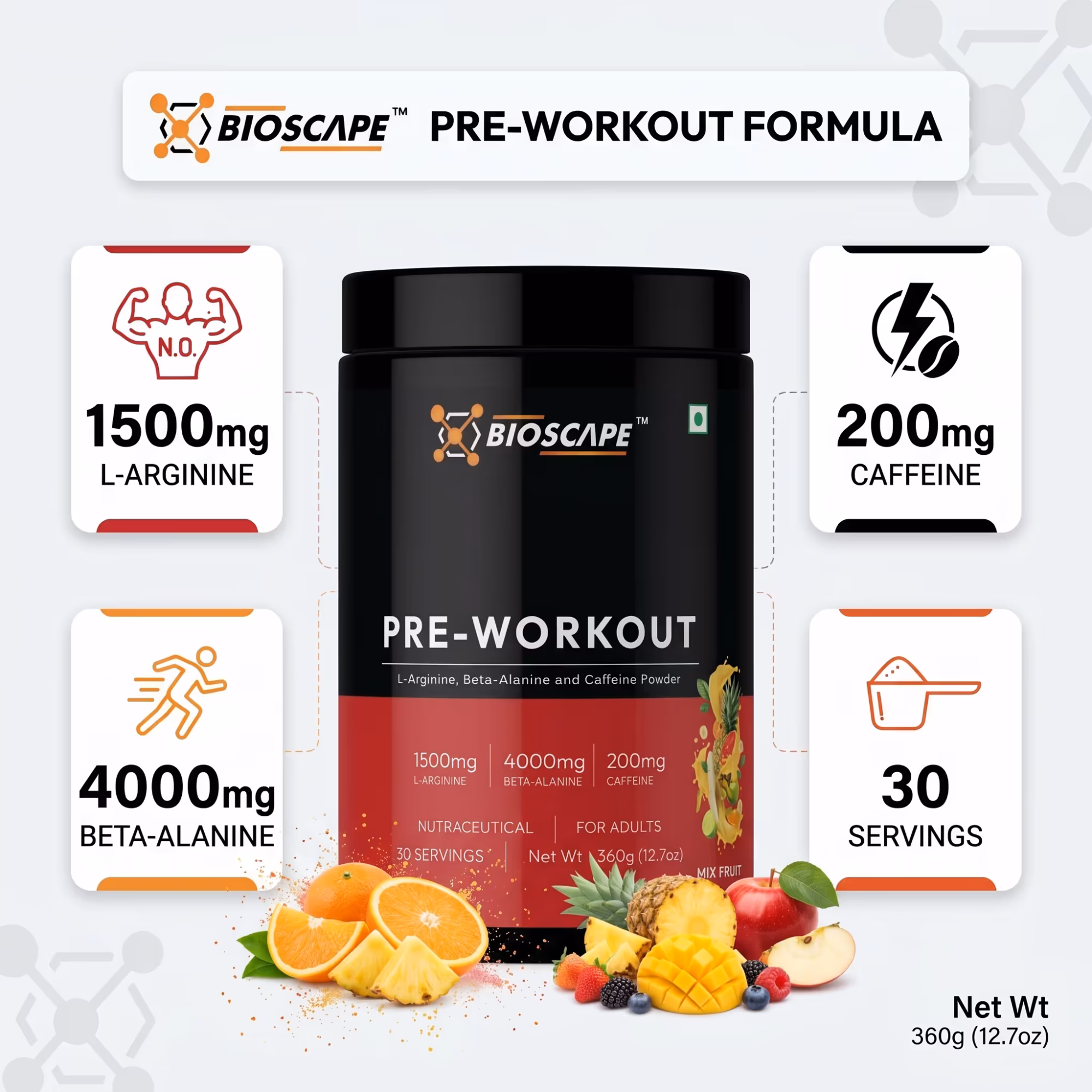 BIOSCAPE Pre-Workout Mix Fruit 360g – Beta-Alanine, L-Arginine & Caffeine