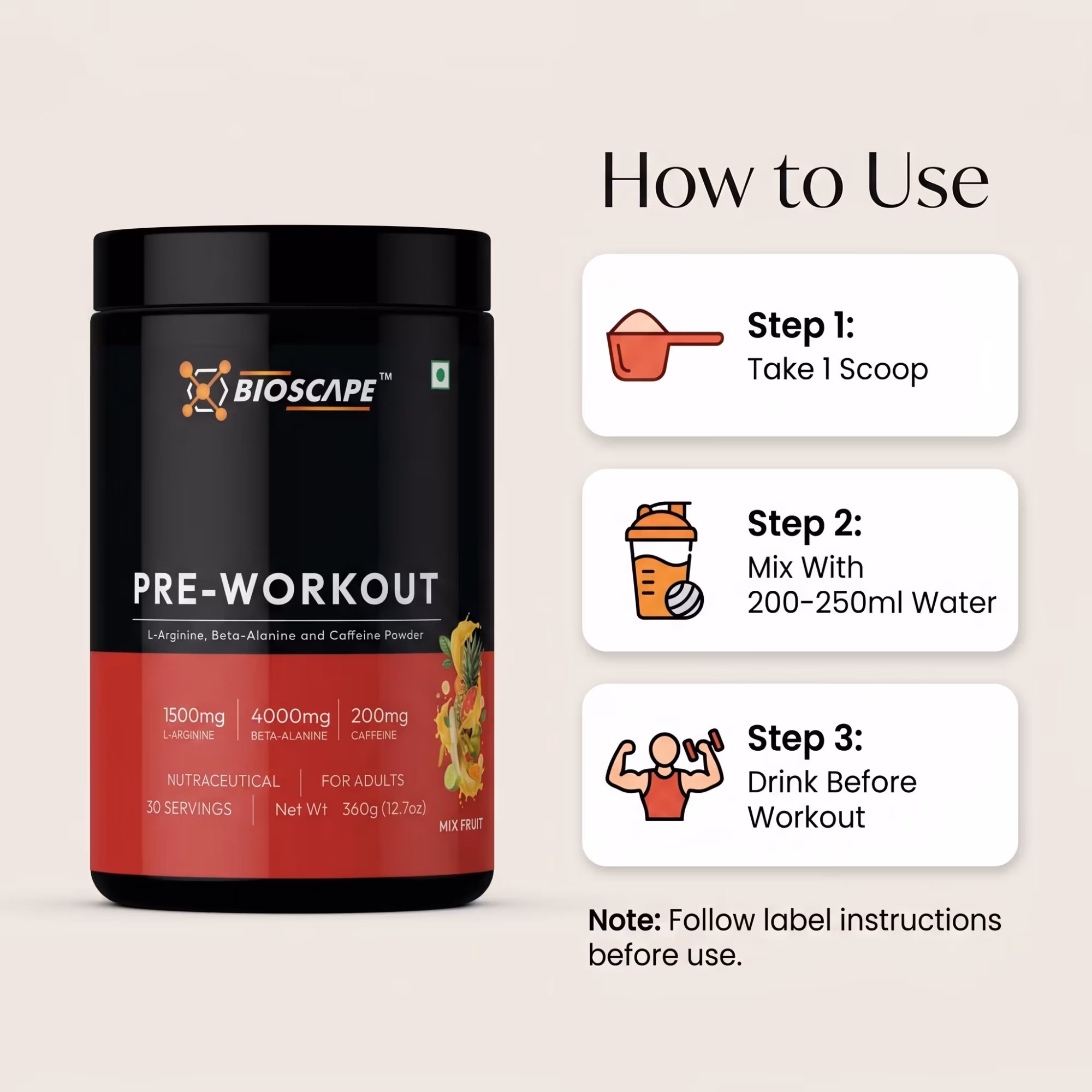 BIOSCAPE Pre-Workout Mix Fruit 360g – Beta-Alanine, L-Arginine & Caffeine