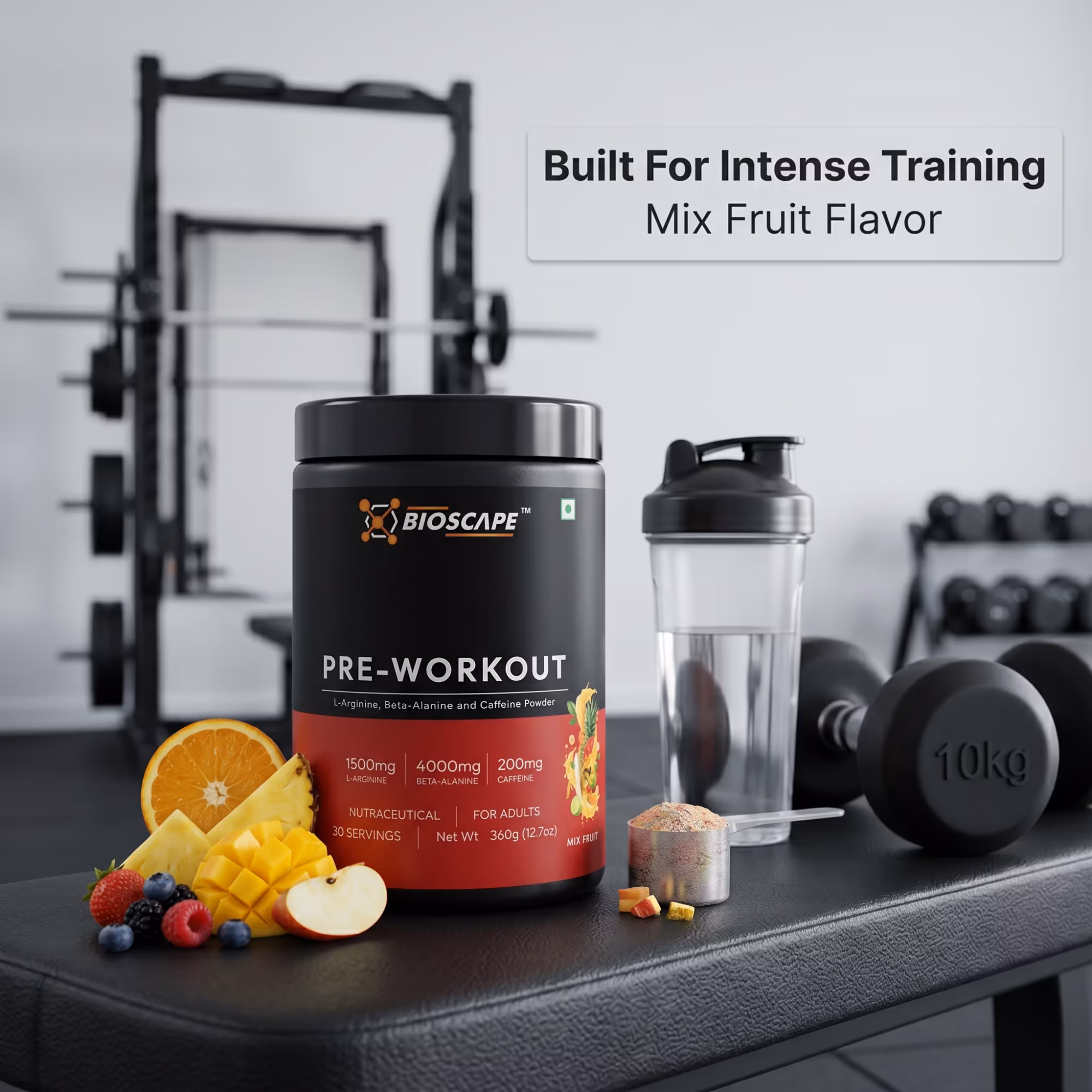 BIOSCAPE Pre-Workout Mix Fruit 360g – Beta-Alanine, L-Arginine & Caffeine