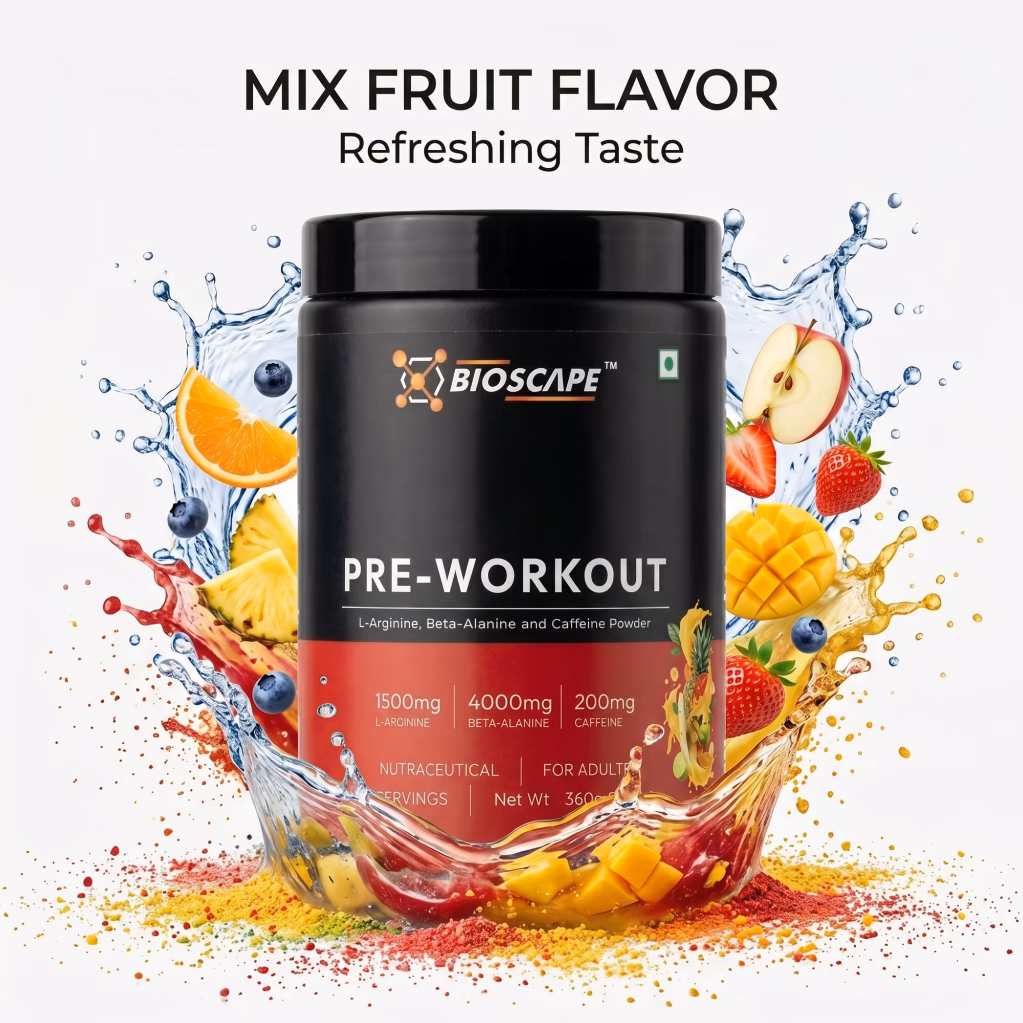 BIOSCAPE Pre-Workout Mix Fruit 360g – Beta-Alanine, L-Arginine & Caffeine
