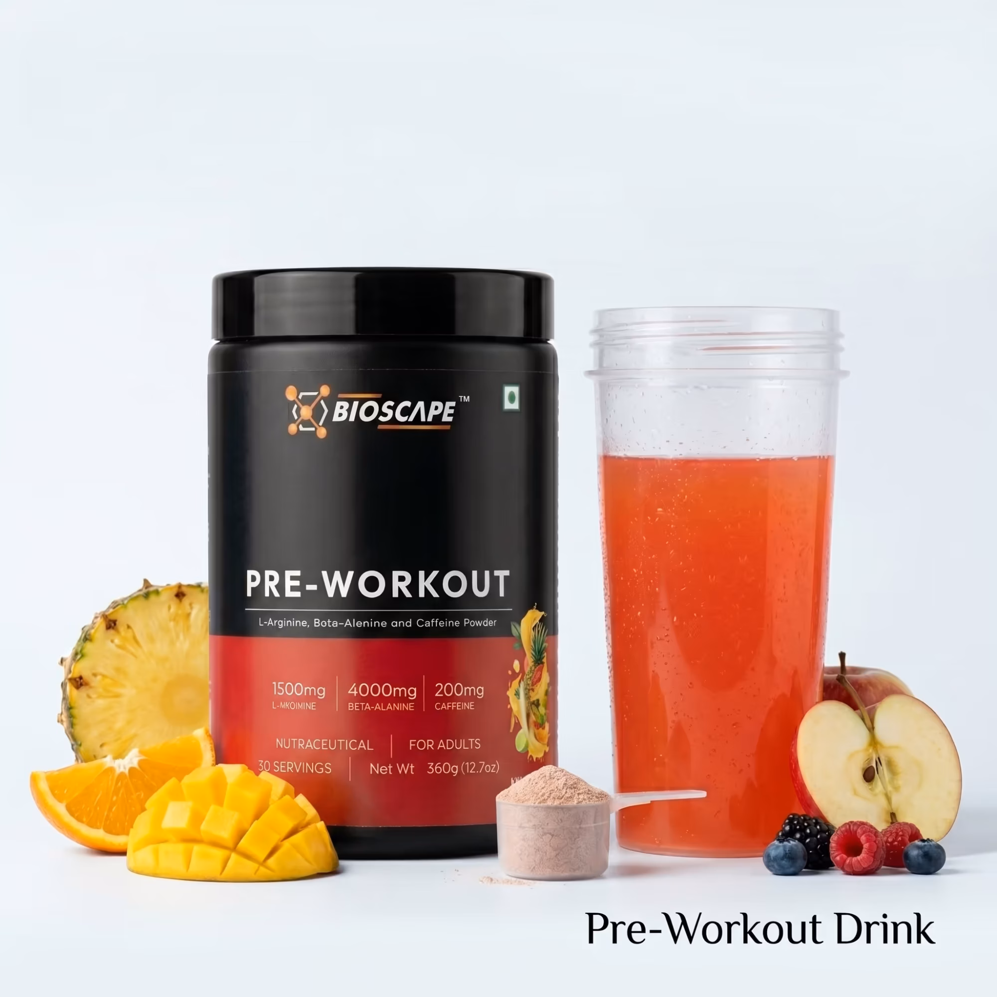 BIOSCAPE Pre-Workout Mix Fruit 360g – Beta-Alanine, L-Arginine & Caffeine