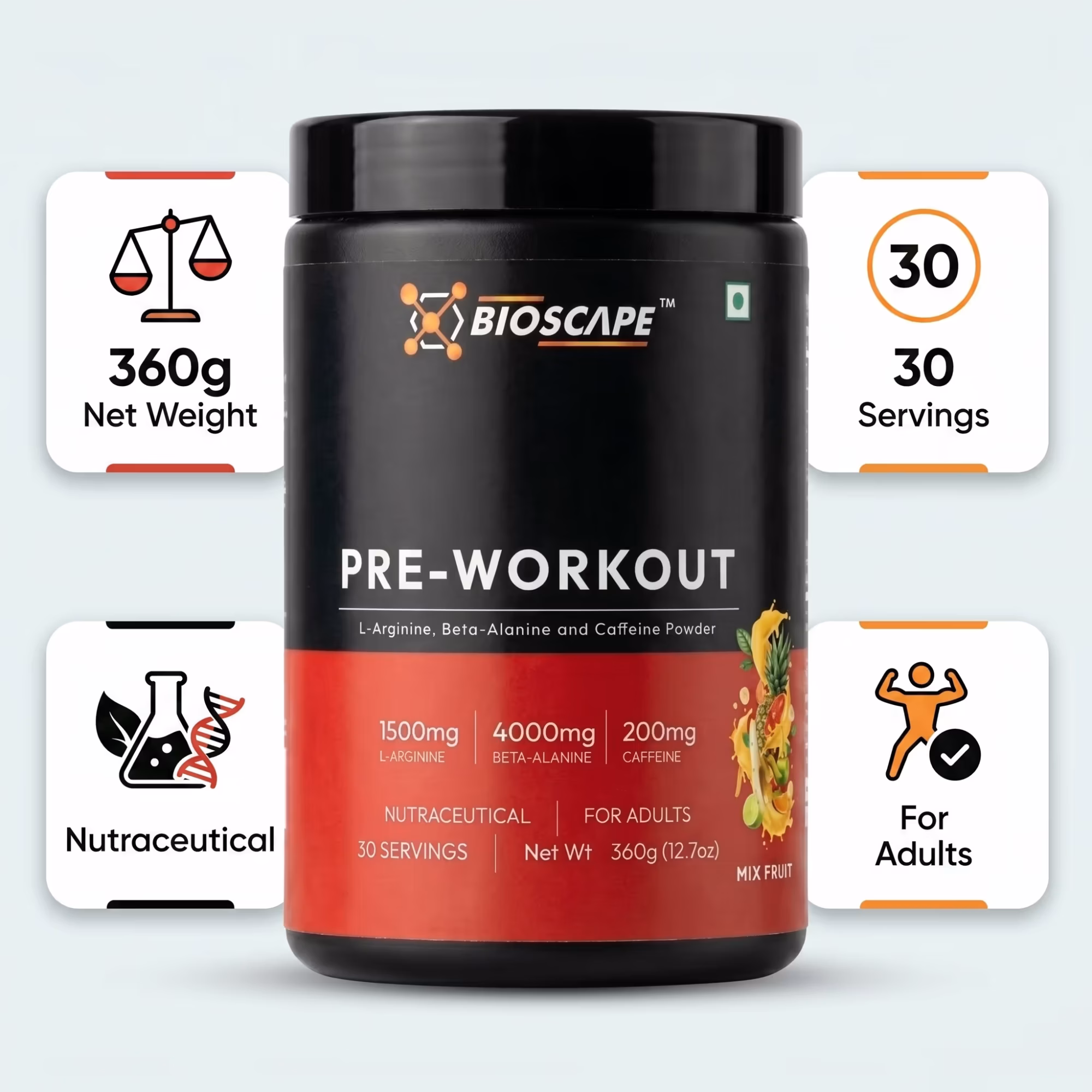 BIOSCAPE Pre-Workout Mix Fruit 360g – Beta-Alanine, L-Arginine & Caffeine