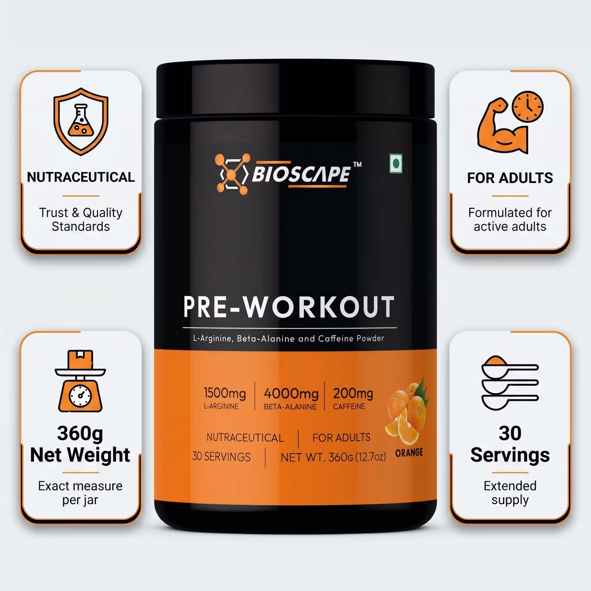 BIOSCAPE Pre-Workout Orange 360g – Beta-Alanine, L-Arginine & Caffeine