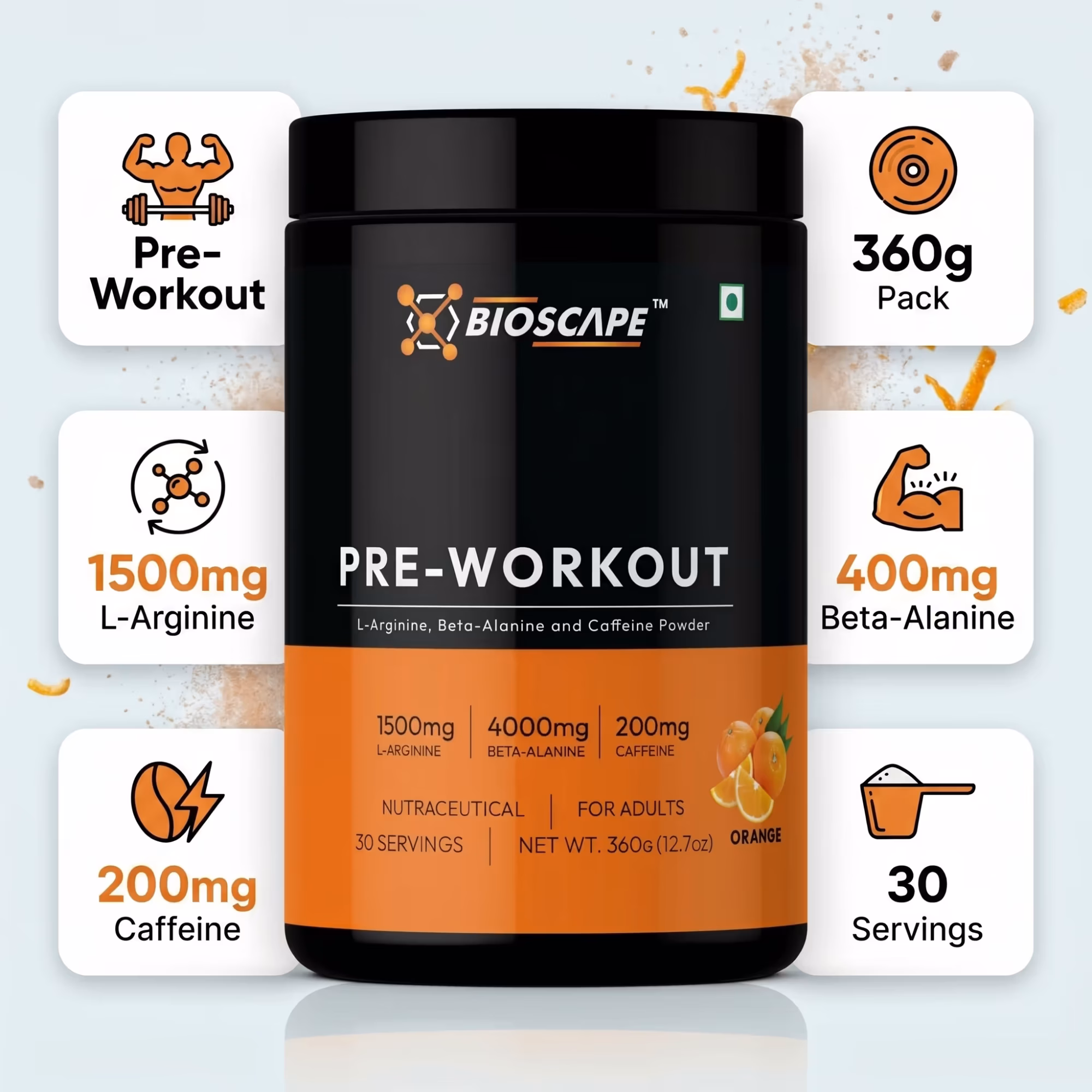 BIOSCAPE Pre-Workout Orange 360g – Beta-Alanine, L-Arginine & Caffeine