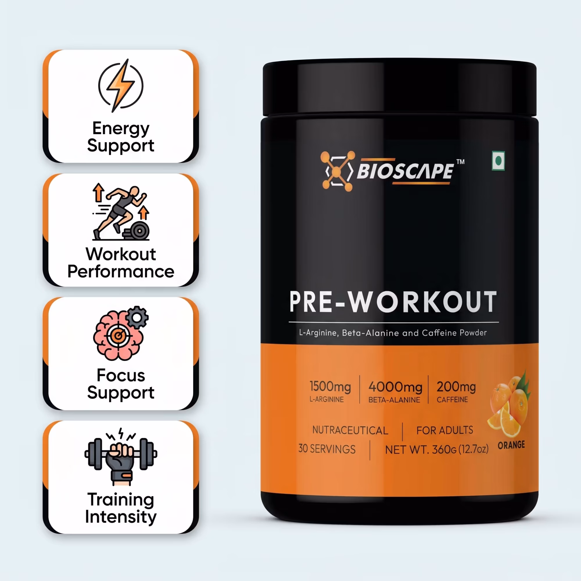 BIOSCAPE Pre-Workout Orange 360g – Beta-Alanine, L-Arginine & Caffeine