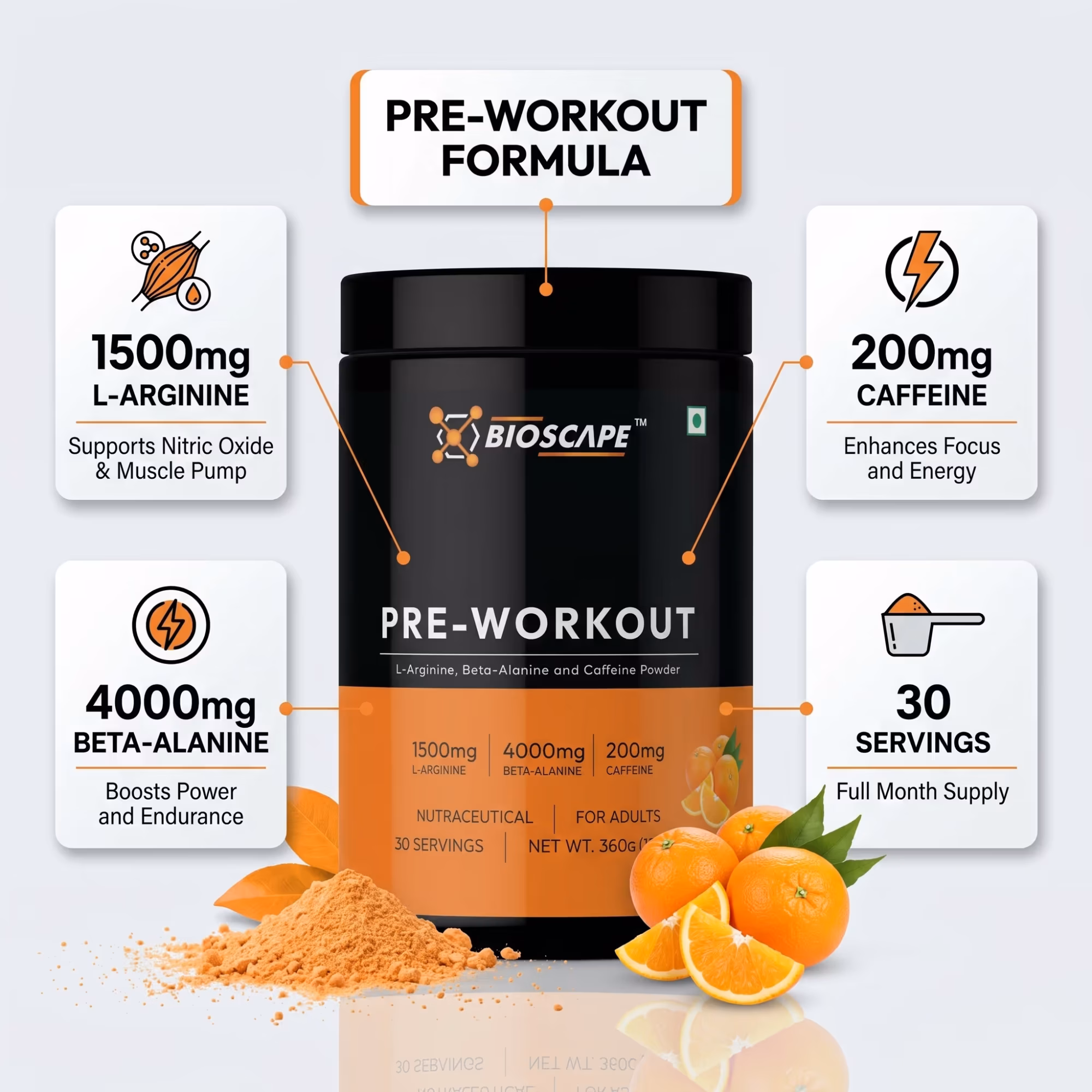 BIOSCAPE Pre-Workout Orange 360g – Beta-Alanine, L-Arginine & Caffeine