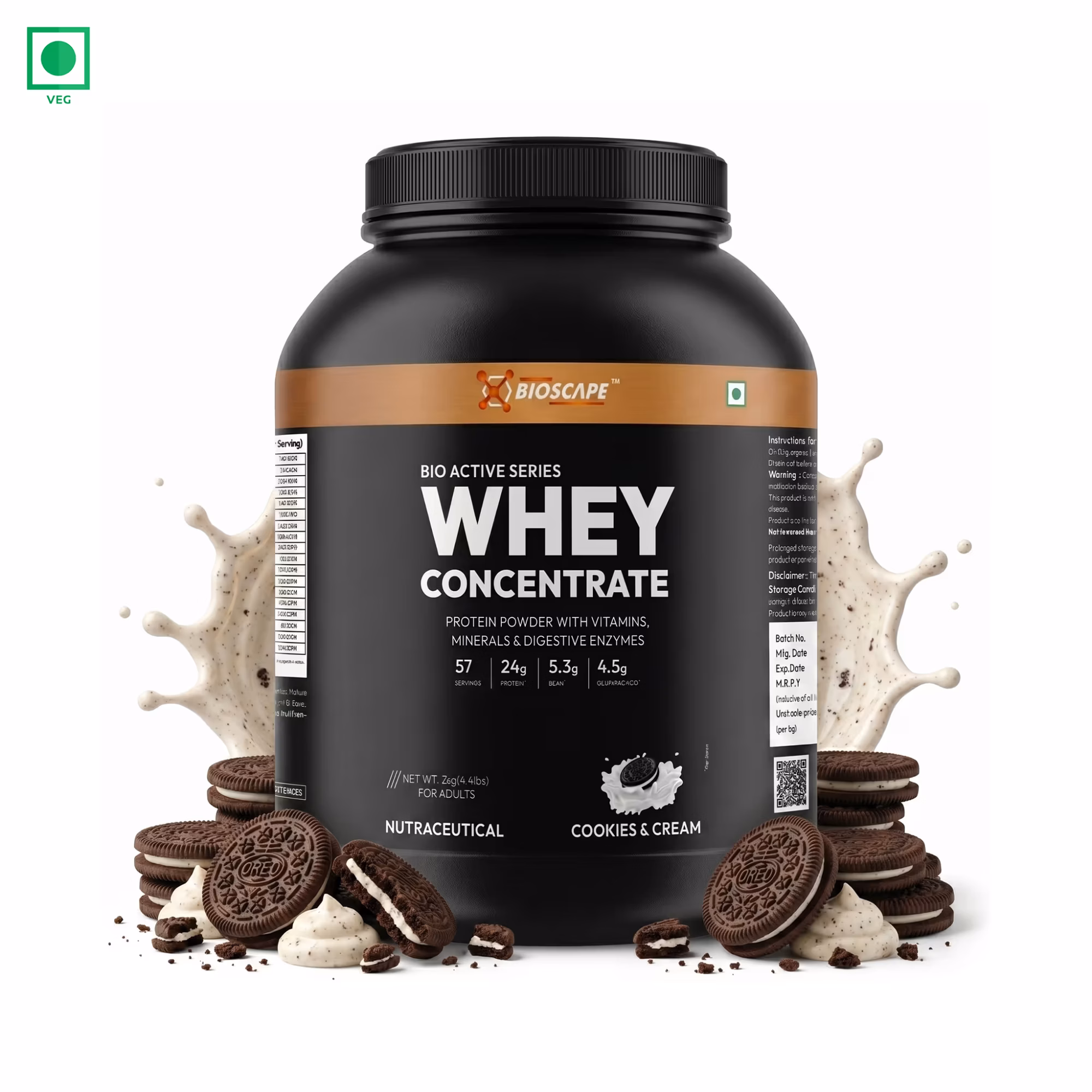 BIOSCAPE Whey Concentrate Cookies & Cream 2kg – 24g Protein with BCAA & Glutamine