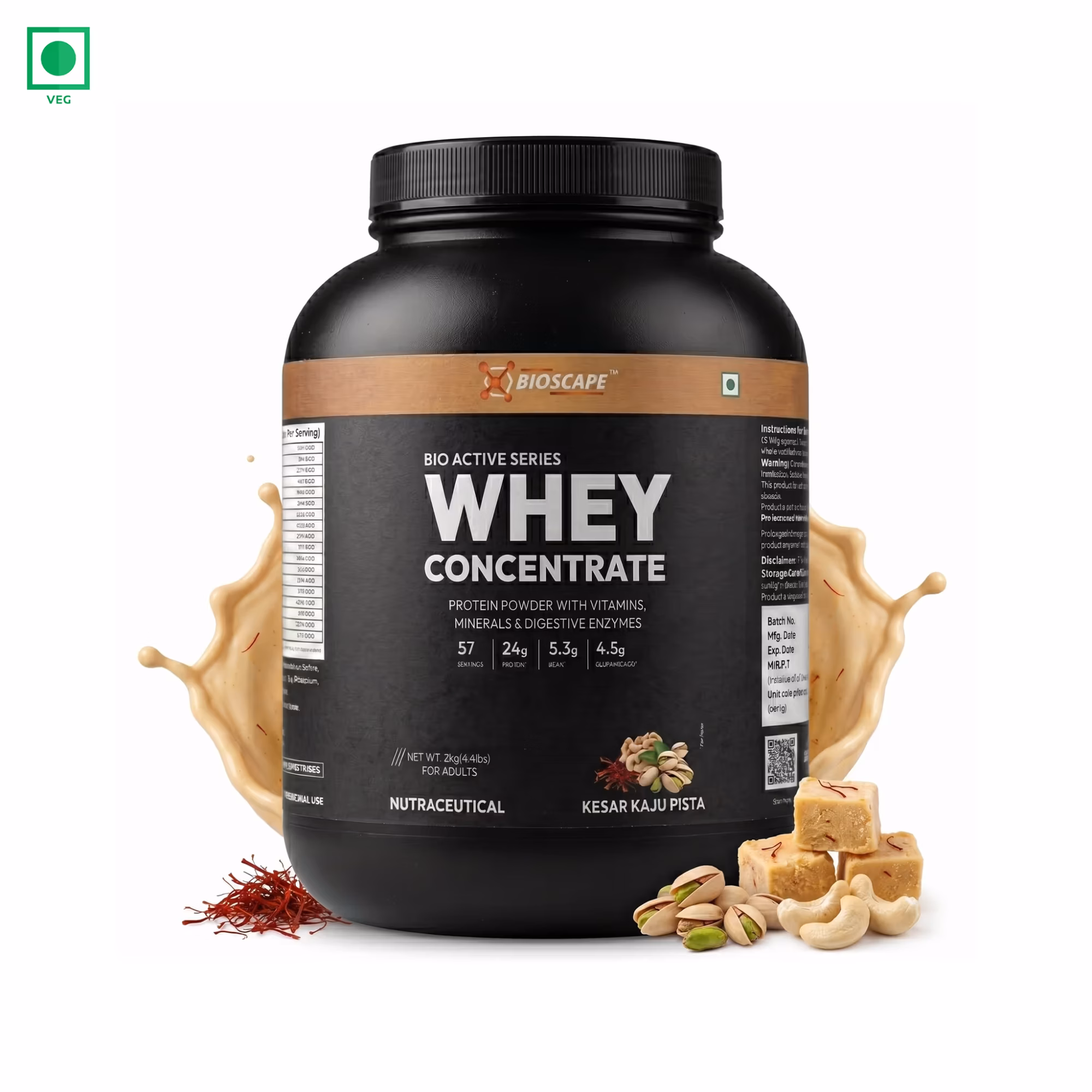 BIOSCAPE Whey Concentrate Kesar Kaju Pista 2kg – 24g Protein with BCAA & Glutamine