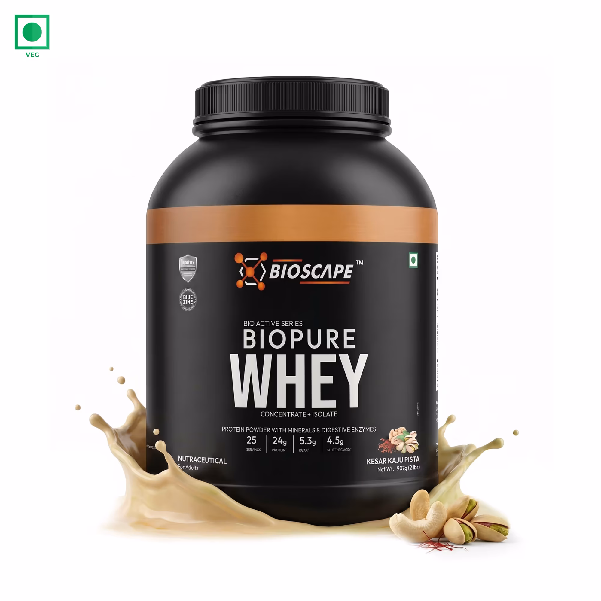 BIOSCAPE Whey Concentrate Kesar Kaju Pista 907g – 24g Protein with BCAA & Digestive Enzymes