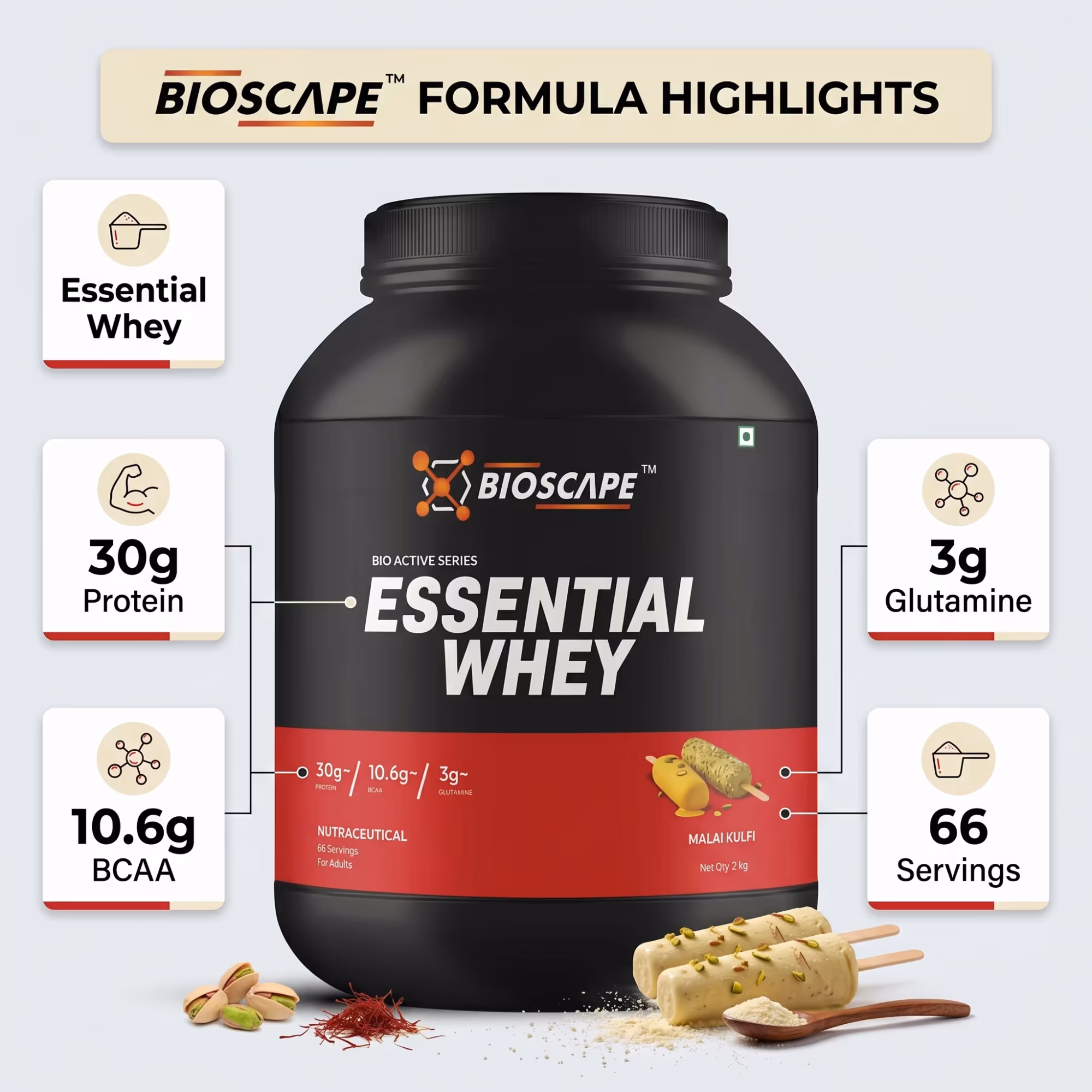 BIOSCAPE Essential Whey Malai Kulfi 1.81kg – 15g Protein with BCAA & Glutamine