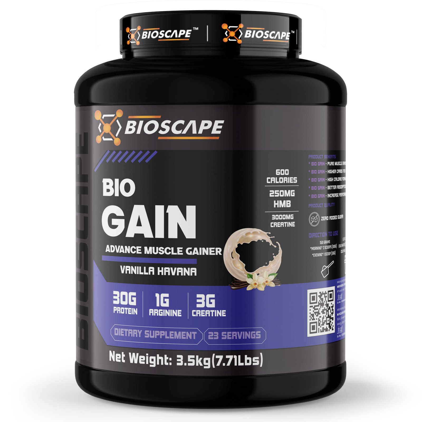 Bioscape Bio Gain Advance Muscle Gainer Vanilla Havana | 3.5 kg Mass Gainer Powder